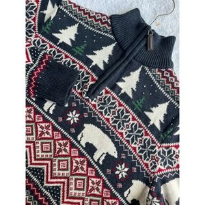 Aspen Mens Fair Isle Polar Bear Christmas Tree Quarter Zip Sweater‎ Size M